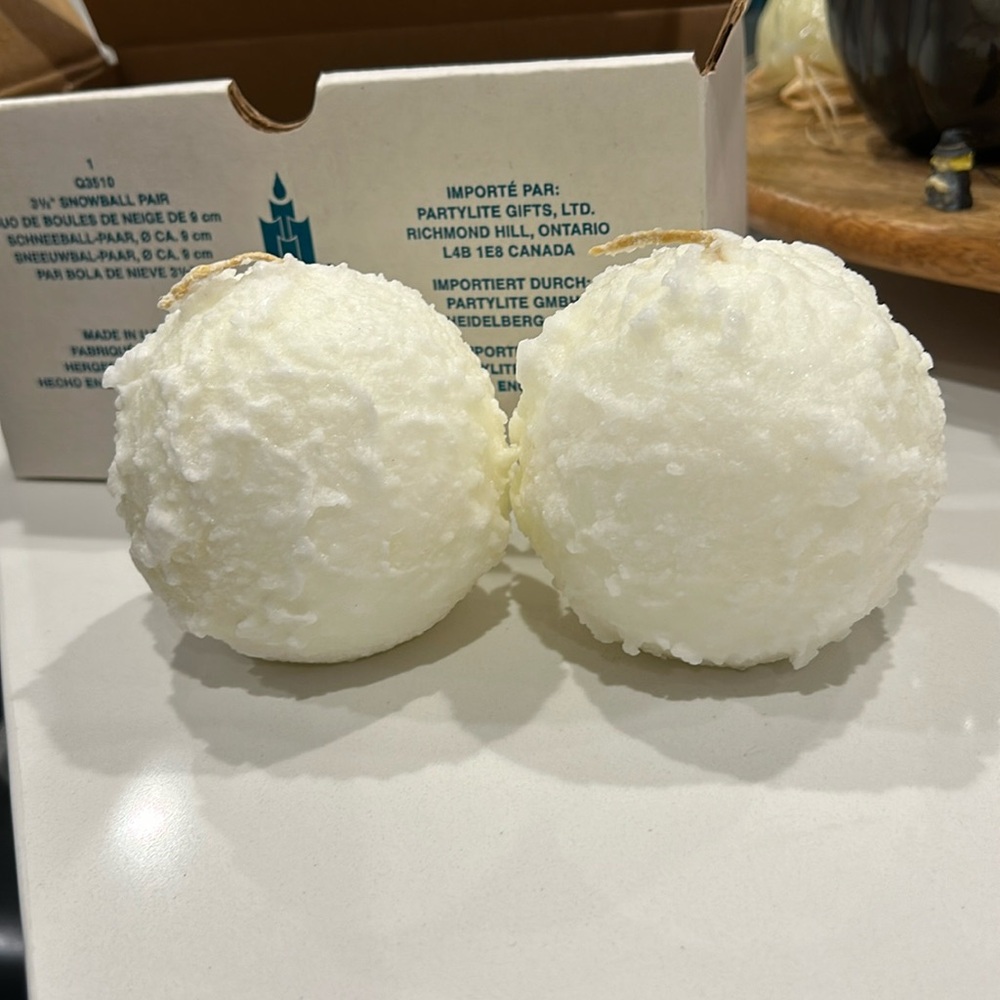 NIB Partylite Snowball Candles.  3 1/2 inch pair.